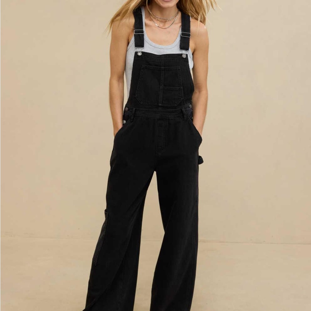 Aerie Black Flared Denim Overalls